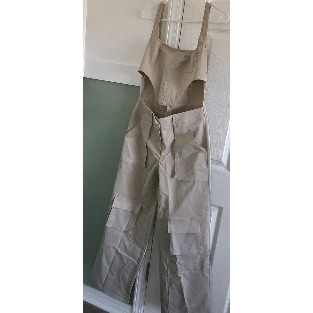 PRETTYLITTLETHING Beige Cut Out Cargo Jumpsuit Women's Size 10 UK